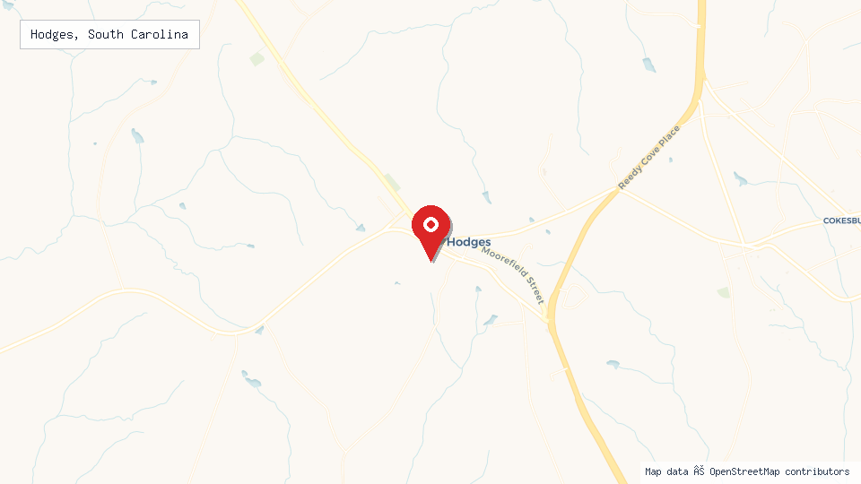 Street map of Hodges, South Carolina with location pin