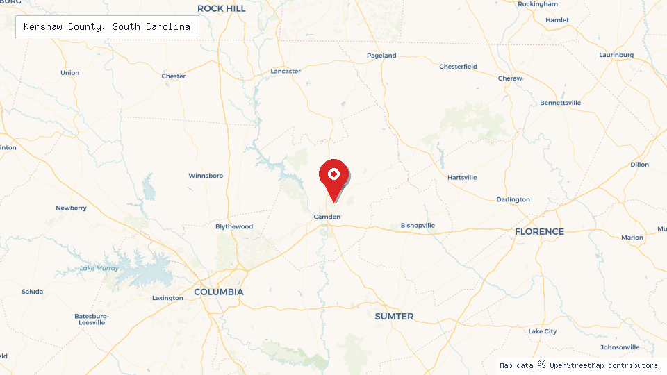 Street map of Kershaw County, South Carolina with location pin