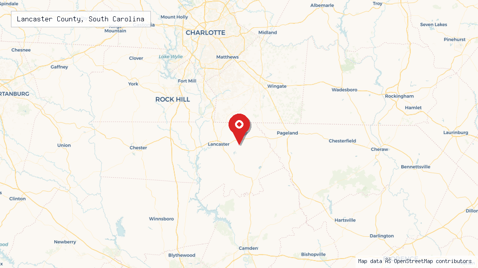 Street map of Lancaster County, South Carolina with location pin