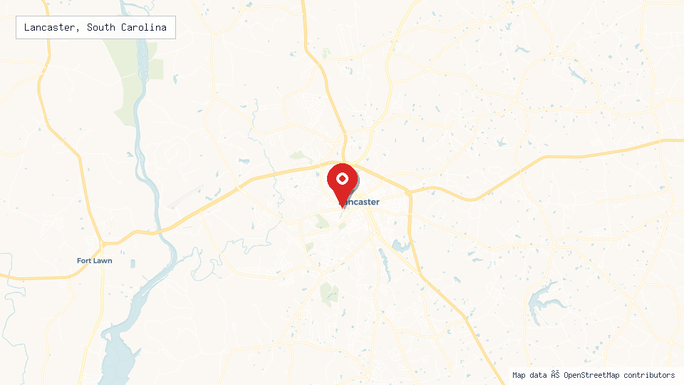 Street map of Lancaster, South Carolina with location pin