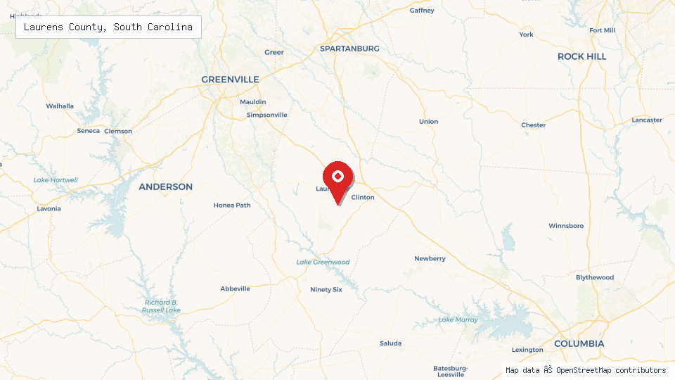 Street map of Laurens County, South Carolina with location pin