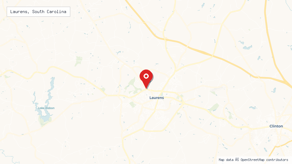 Street map of Laurens, South Carolina with location pin