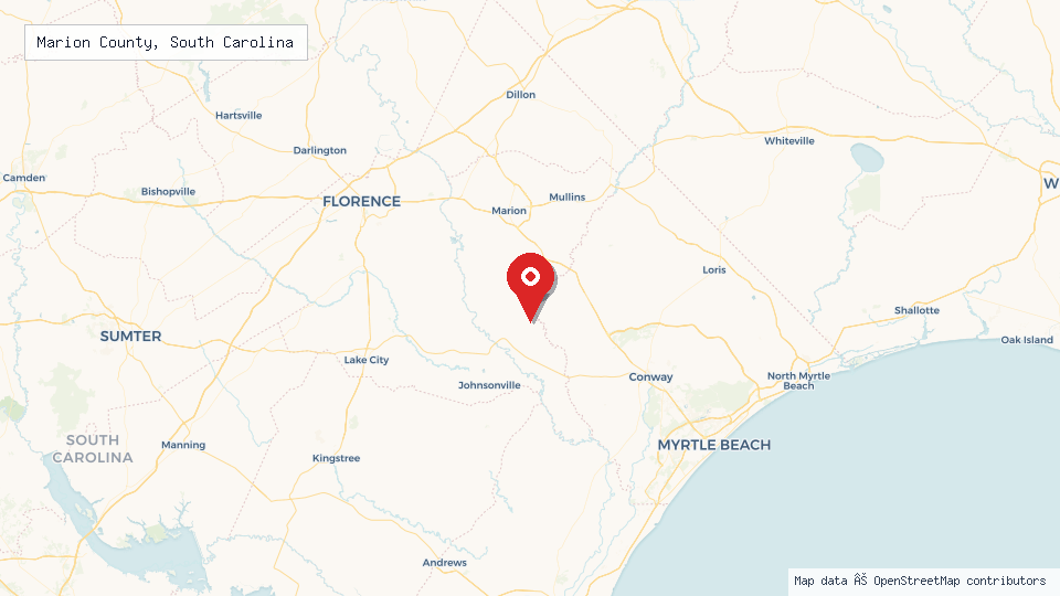 Street map of Marion County, South Carolina with location pin
