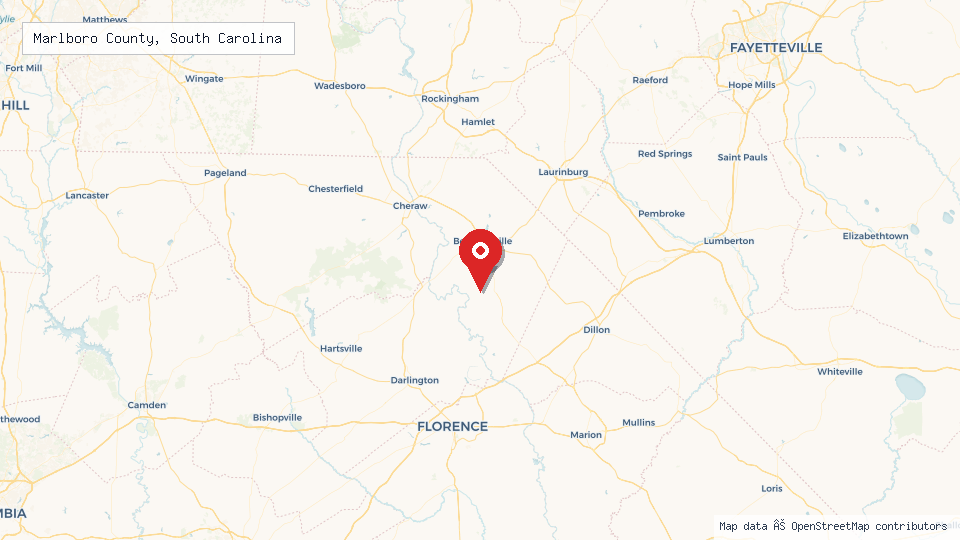 Street map of Marlboro County, South Carolina with location pin