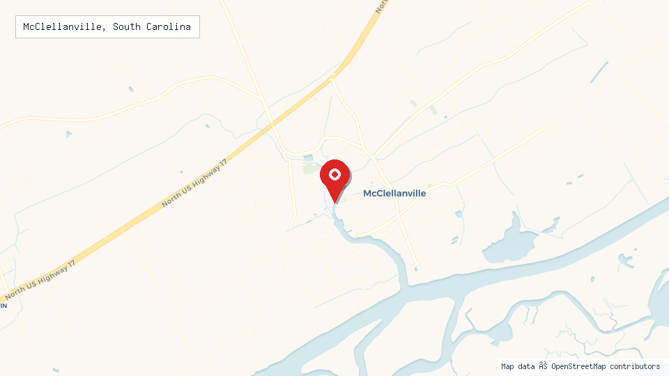 Street map of McClellanville, South Carolina with location pin