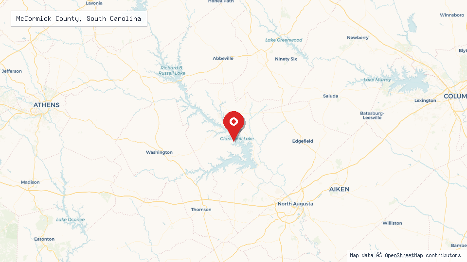 Street map of McCormick County, South Carolina with location pin