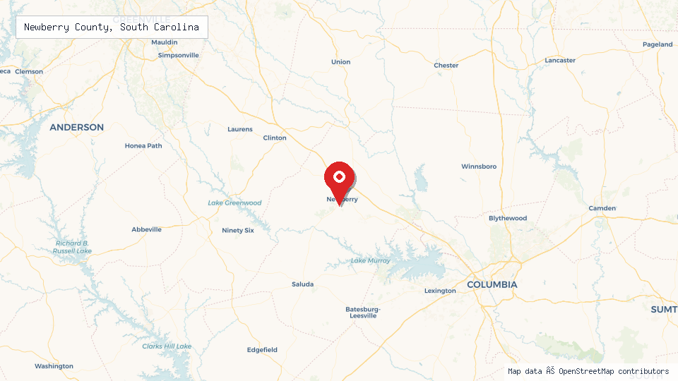 Street map of Newberry County, South Carolina with location pin