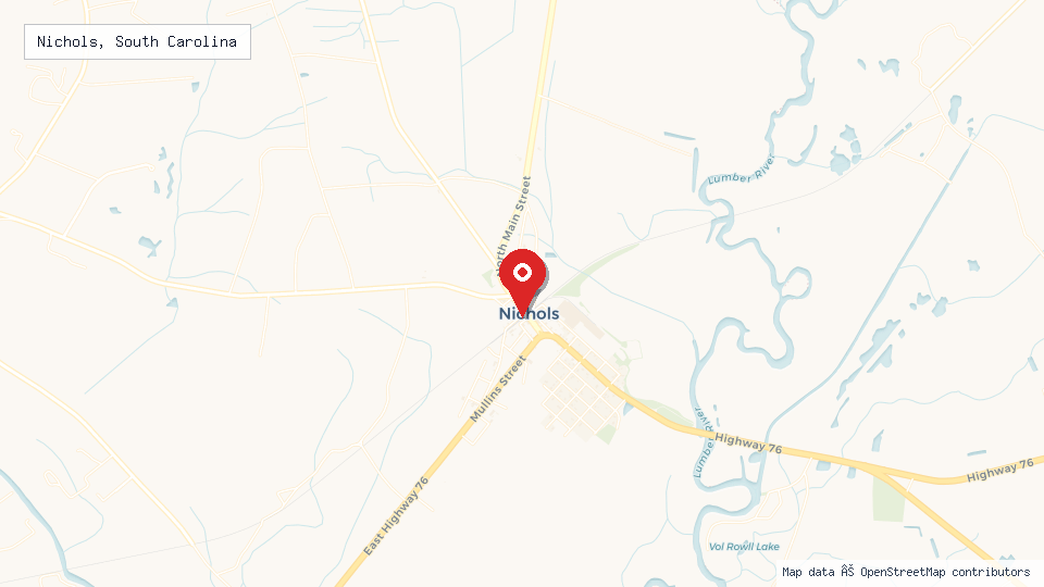 Street map of Nichols, South Carolina with location pin