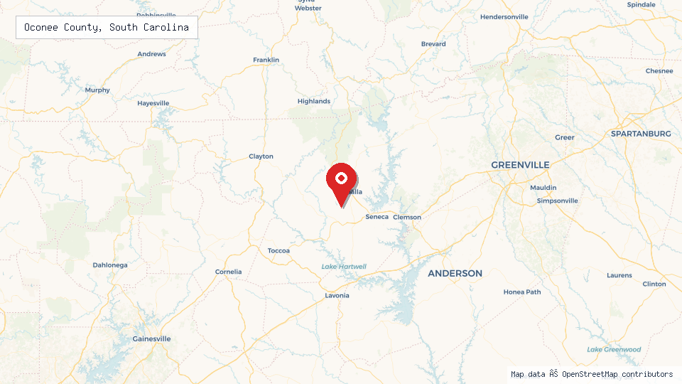 Street map of Oconee County, South Carolina with location pin
