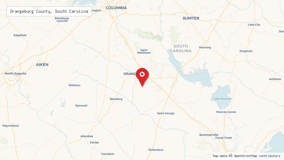 Street map of Orangeburg County, South Carolina with location pin