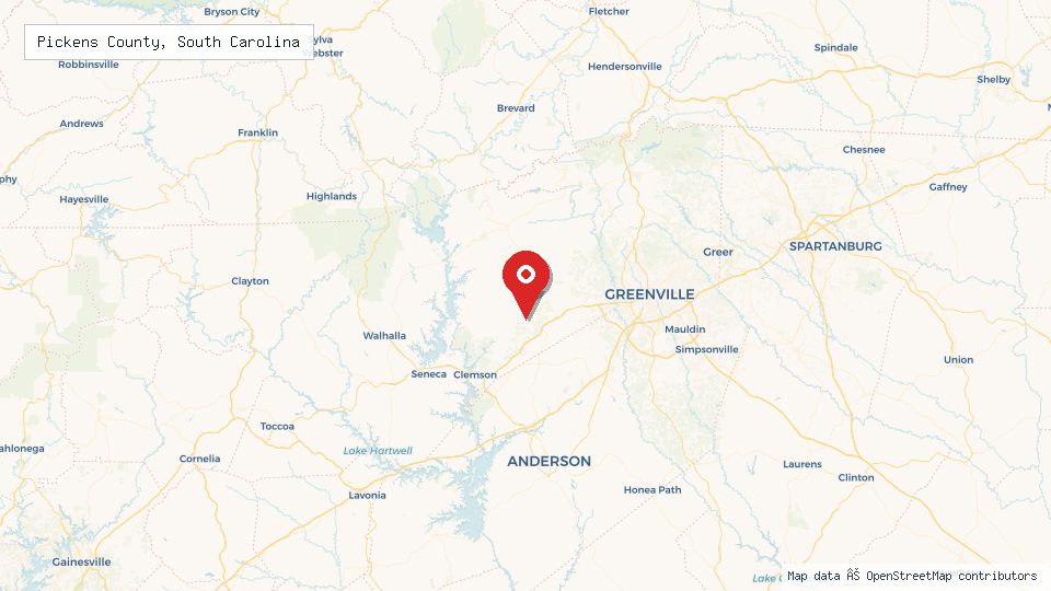 Street map of Pickens County, South Carolina with location pin
