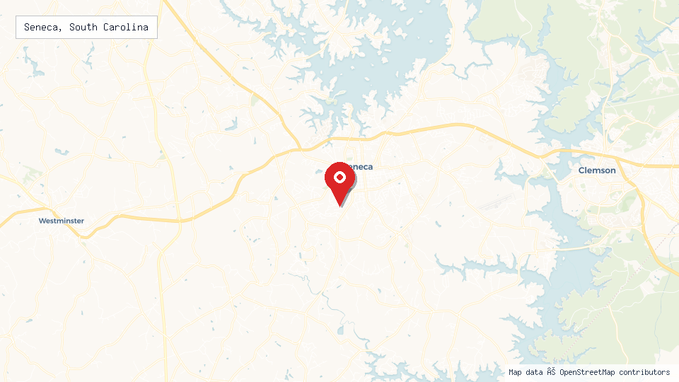 Street map of Seneca, South Carolina with location pin