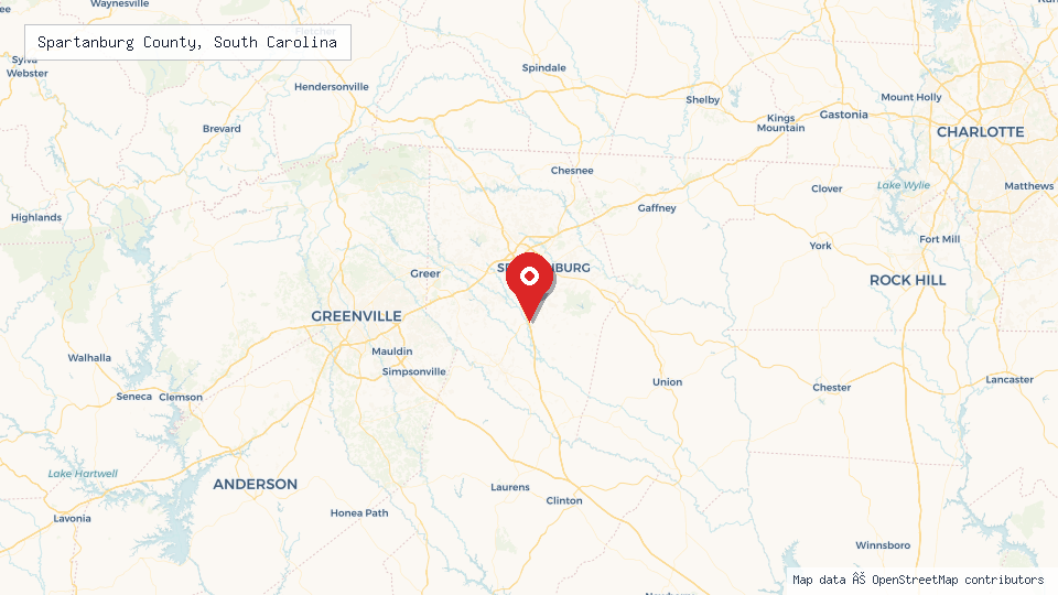 Street map of Spartanburg County, South Carolina with location pin