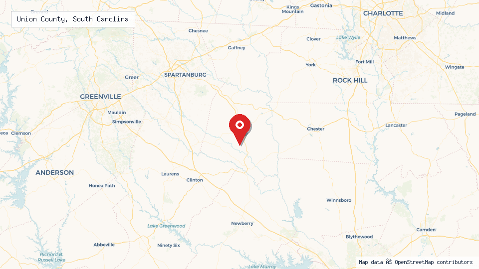 Street map of Union County, South Carolina with location pin