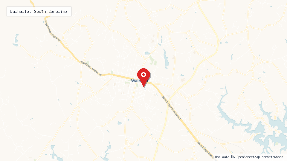 Street map of Walhalla, South Carolina with location pin