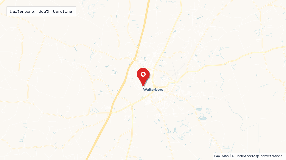 Street map of Walterboro, South Carolina with location pin