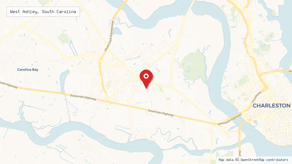 Street map of West Ashley, South Carolina with location pin