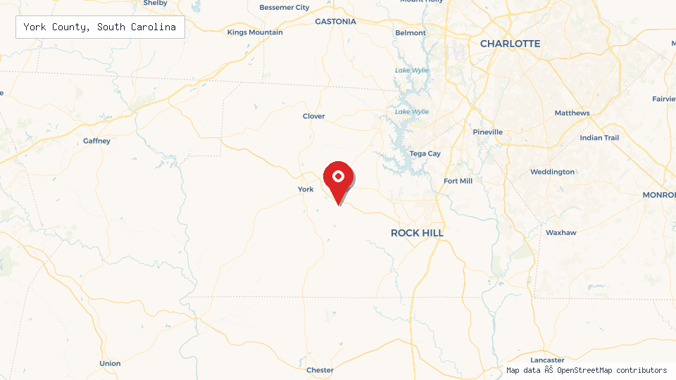 Street map of York County, South Carolina with location pin