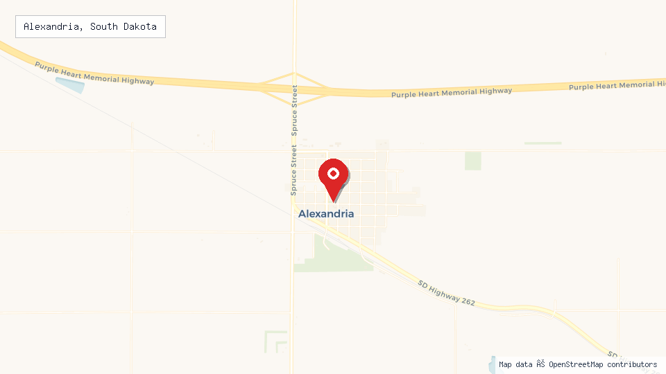 Street map of Alexandria, South Dakota with location pin