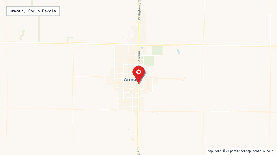 Street map of Armour, South Dakota with location pin