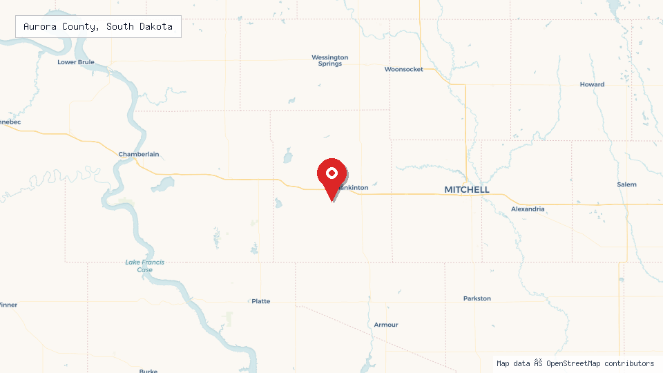 Street map of Aurora County, South Dakota with location pin
