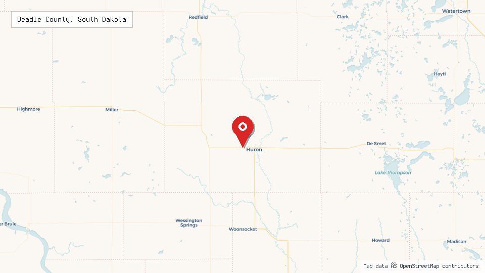 Street map of Beadle County, South Dakota with location pin