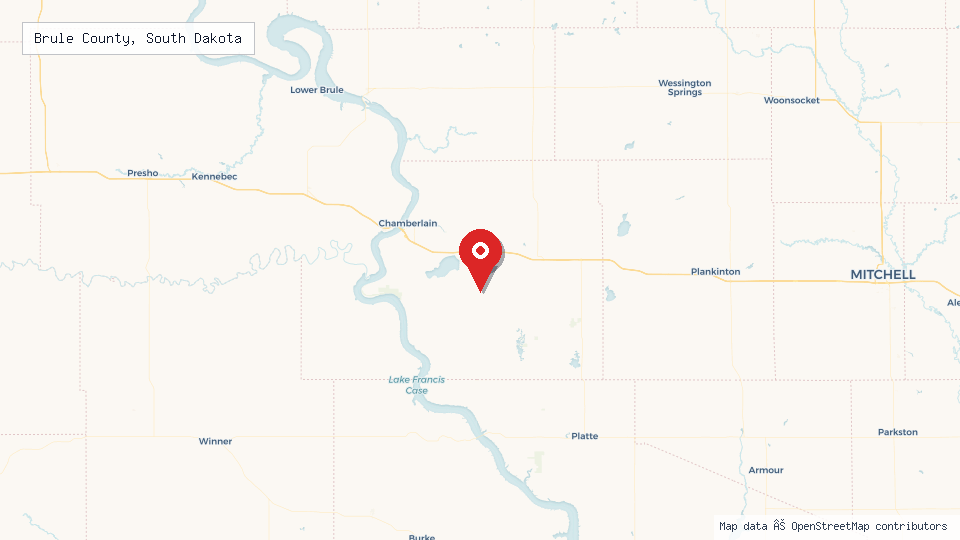 Street map of Brule County, South Dakota with location pin