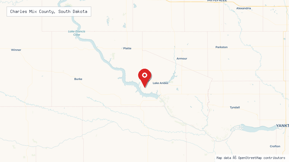 Street map of Charles Mix County, South Dakota with location pin