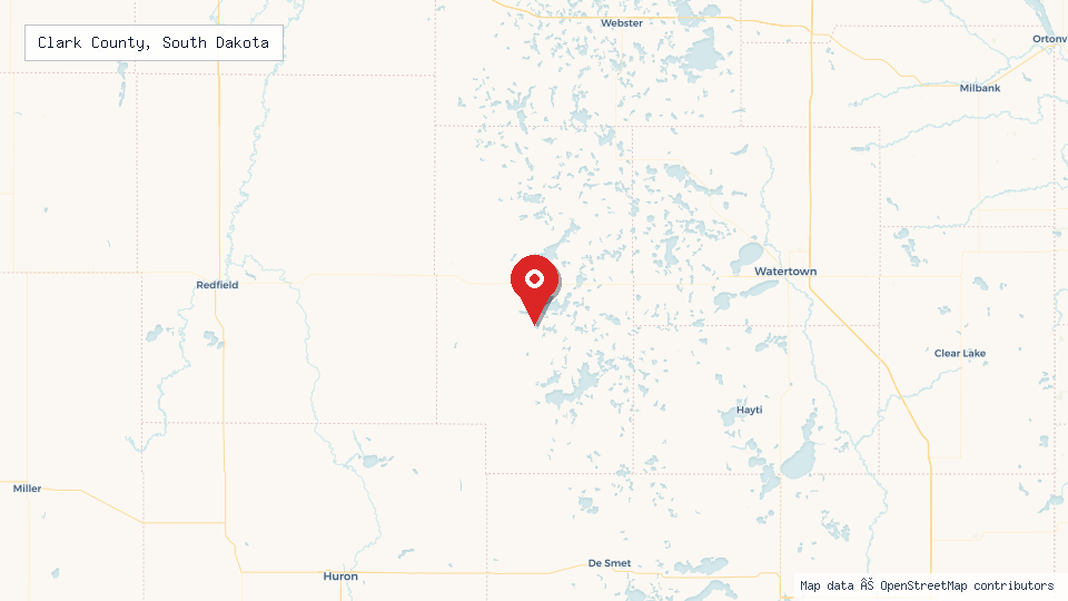 Street map of Clark County, South Dakota with location pin