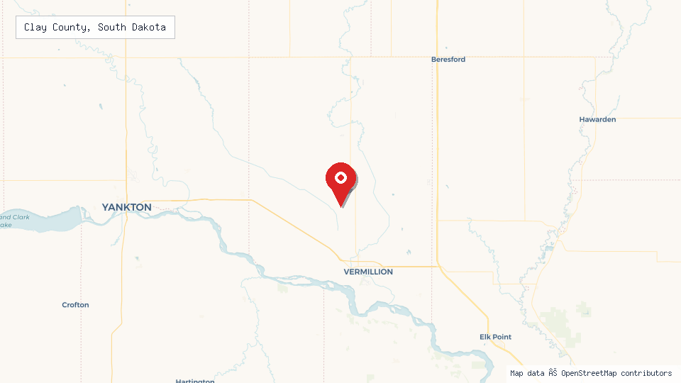 Street map of Clay County, South Dakota with location pin