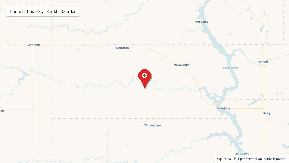 Street map of Corson County, South Dakota with location pin