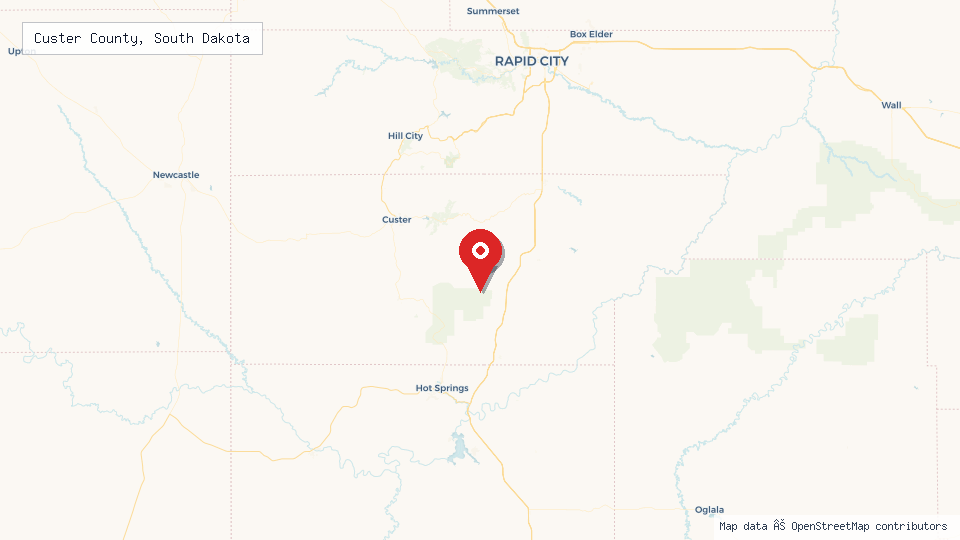 Street map of Custer County, South Dakota with location pin