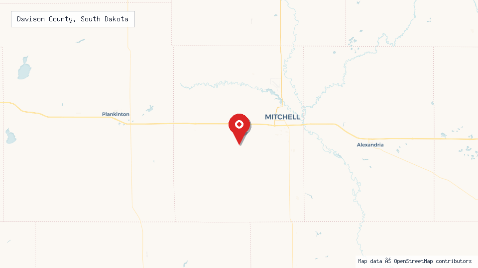 Street map of Davison County, South Dakota with location pin