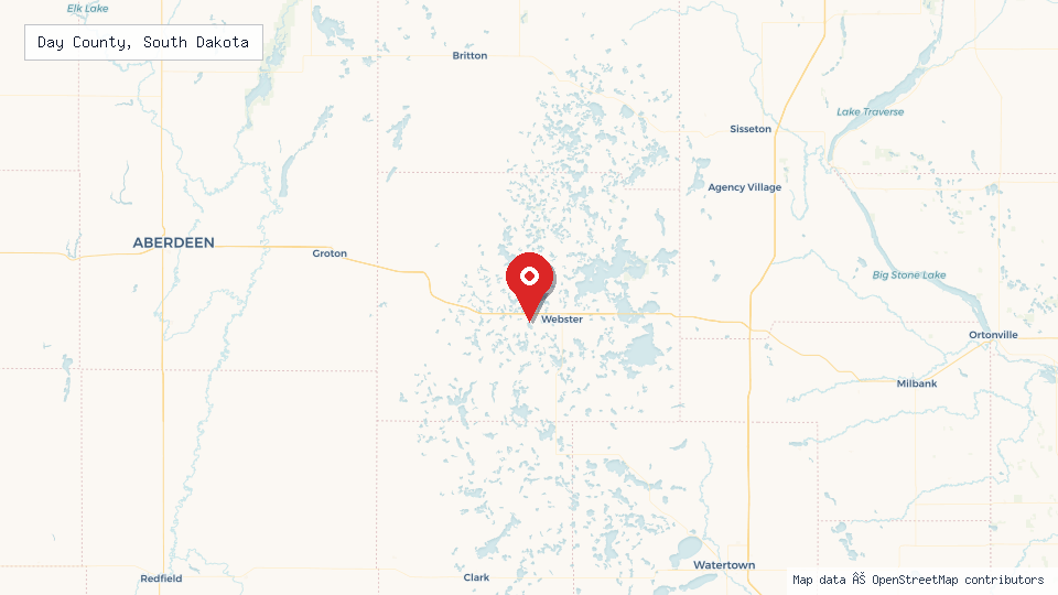 Street map of Day County, South Dakota with location pin
