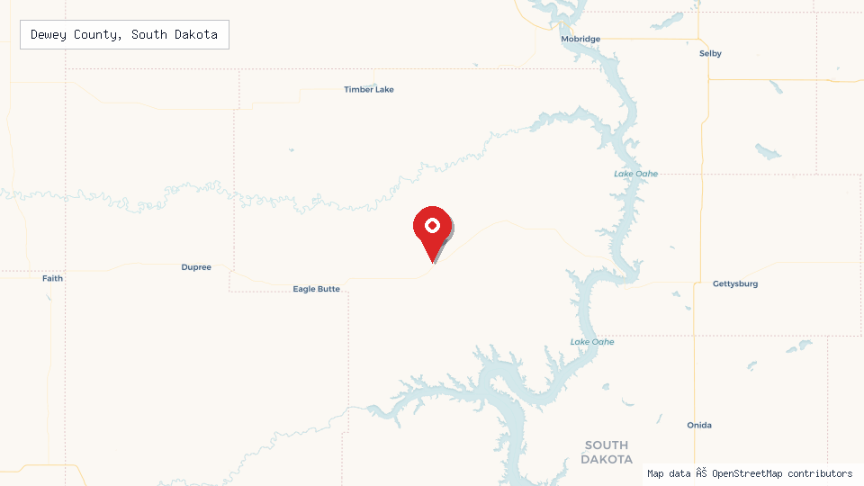 Street map of Dewey County, South Dakota with location pin