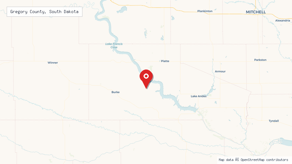 Street map of Gregory County, South Dakota with location pin