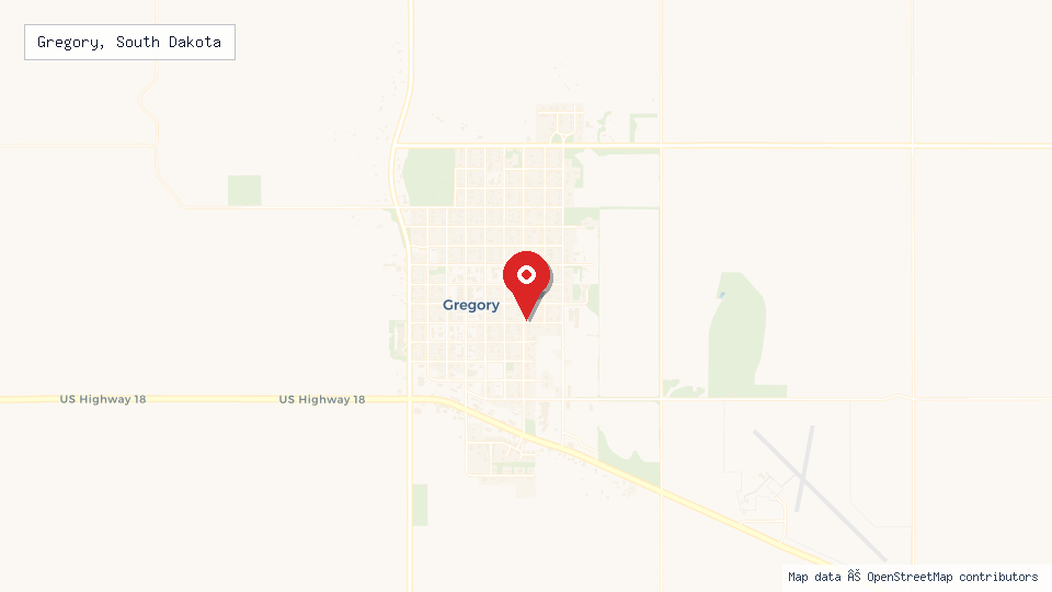Street map of Gregory, South Dakota with location pin