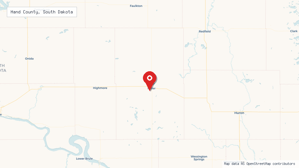 Street map of Hand County, South Dakota with location pin