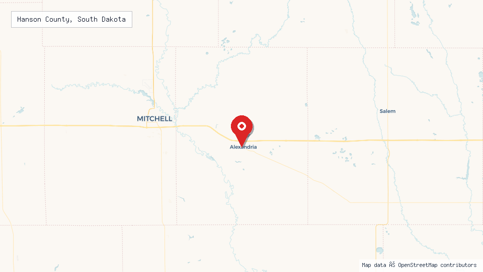 Street map of Hanson County, South Dakota with location pin