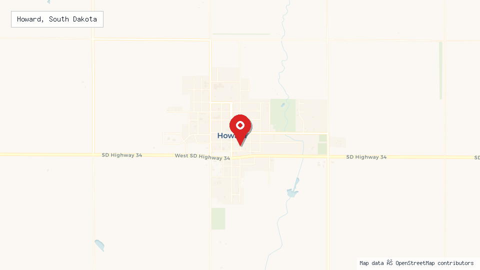 Street map of Howard, South Dakota with location pin