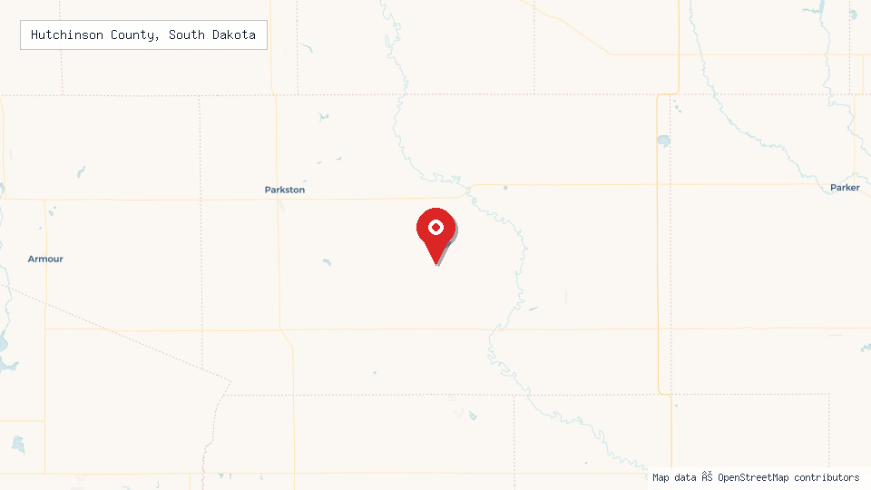 Street map of Hutchinson County, South Dakota with location pin