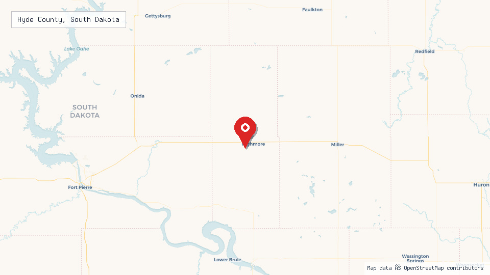 Street map of Hyde County, South Dakota with location pin