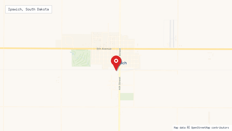 Street map of Ipswich, South Dakota with location pin