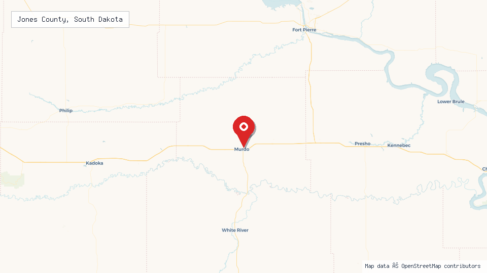 Street map of Jones County, South Dakota with location pin