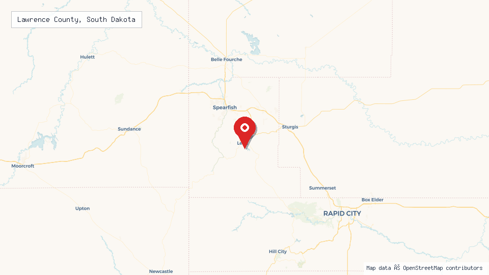 Street map of Lawrence County, South Dakota with location pin