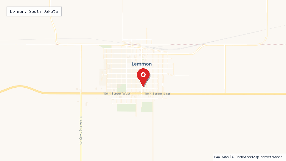 Street map of Lemmon, South Dakota with location pin