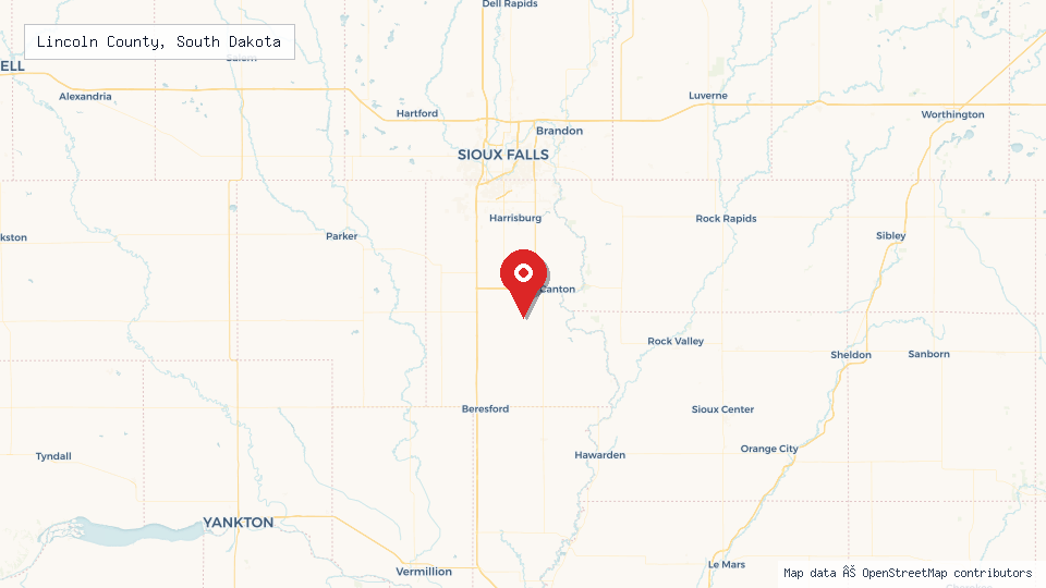 Street map of Lincoln County, South Dakota with location pin