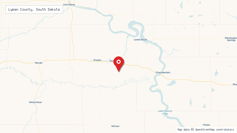Street map of Lyman County, South Dakota with location pin