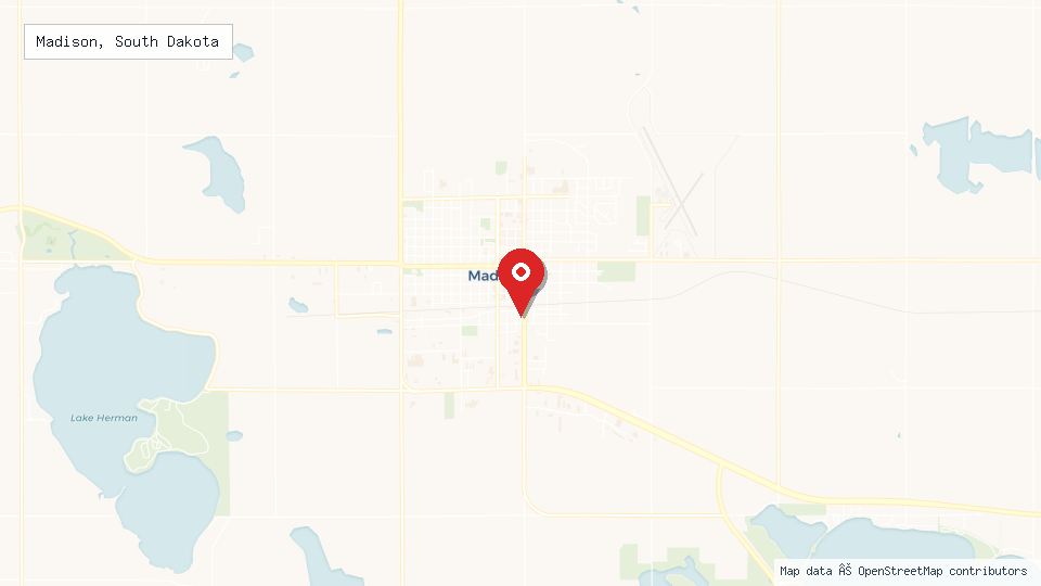 Street map of Madison, South Dakota with location pin