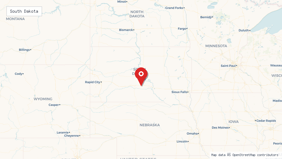 Street map of South Dakota with location pin